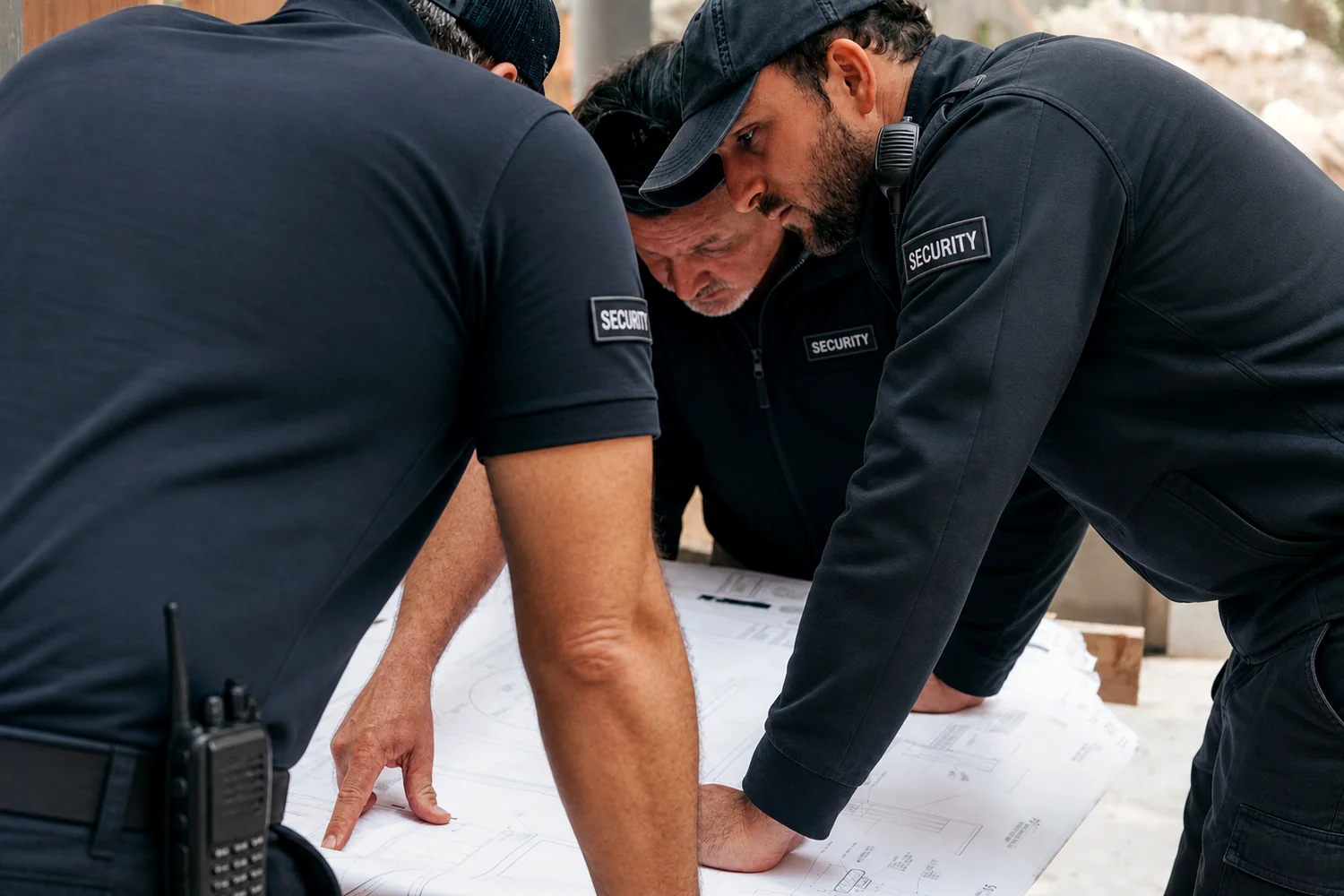 Drei Sicherheitsmitarbeiter besprechen einen Plan, einer trägt ein Funkgerät am Gürtel